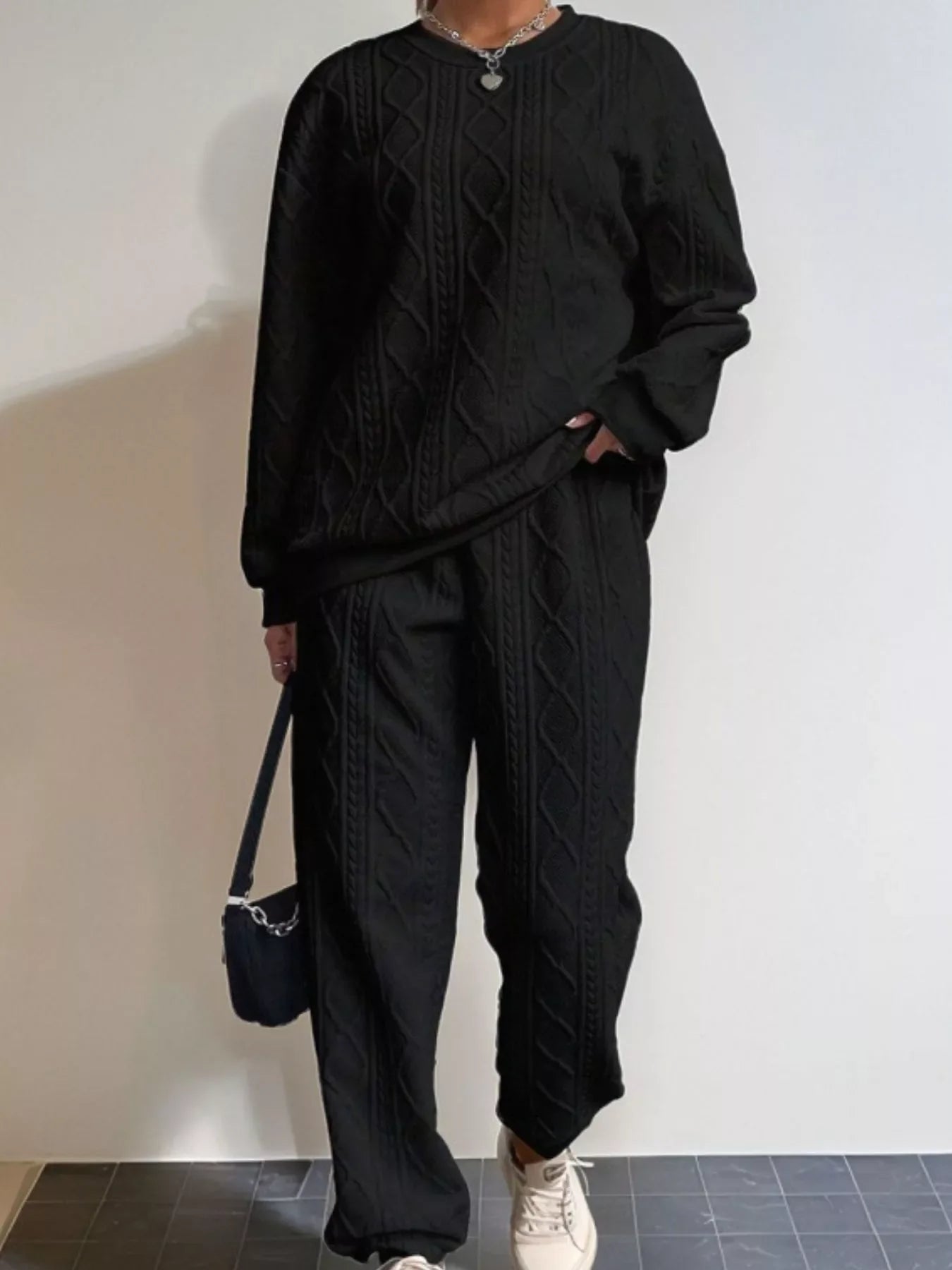 Texture Round Neck Top and Pants Set