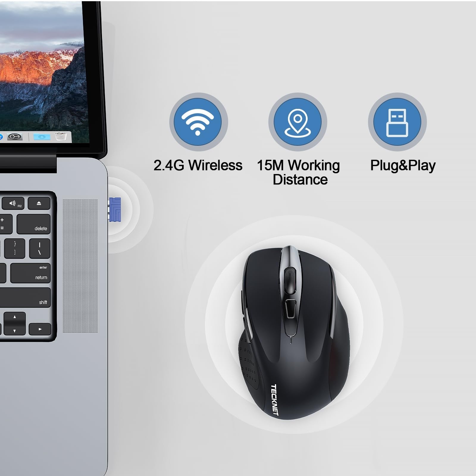 TECKNET Wireless Mouse, 2.4G Ergonomic Optical Mouse, Computer Mouse for Laptop,