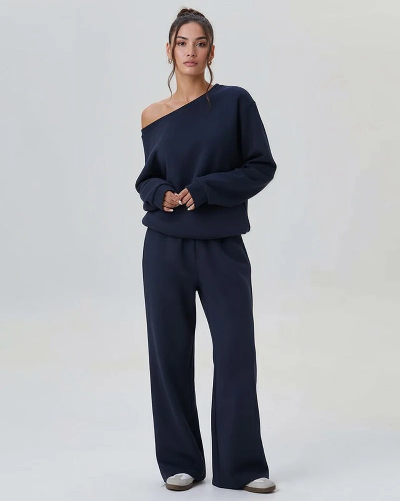 Women's Sloping Shoulder Long Sleeve Top & Wide Leg Pants Set