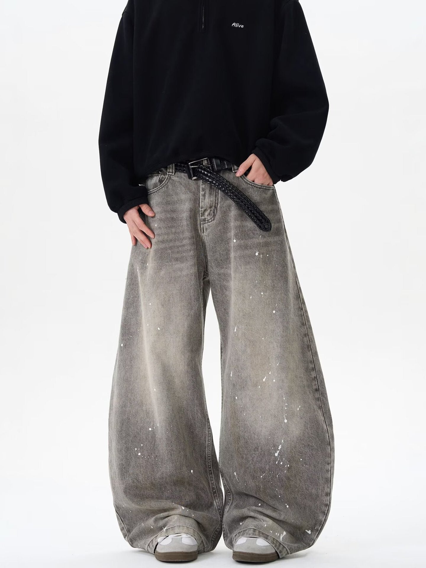 Grunge Paint-Splatter Wide-Leg Denim Pants
