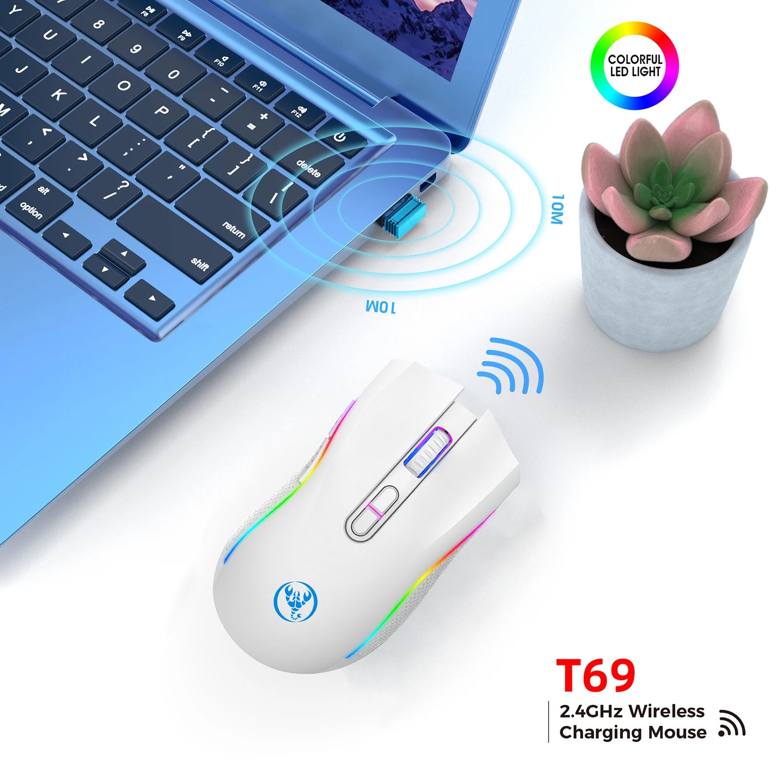 T69 2.4G Wireless Mechanical Mouse RGB Gaming Mouse Ergonomic 7 Programmable Buttons 4800DPI Mouse for Office Gamer