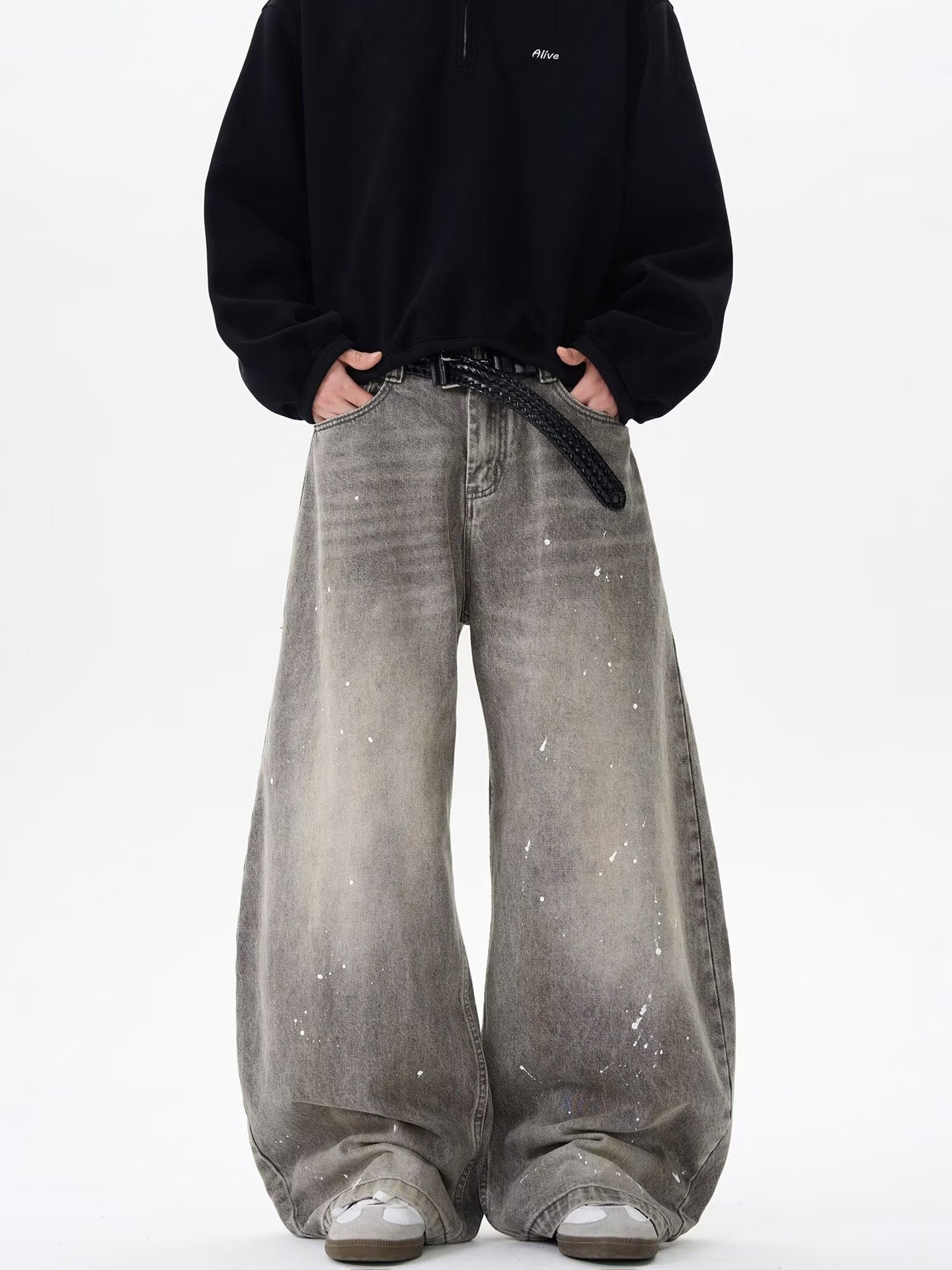Grunge Paint-Splatter Wide-Leg Denim Pants