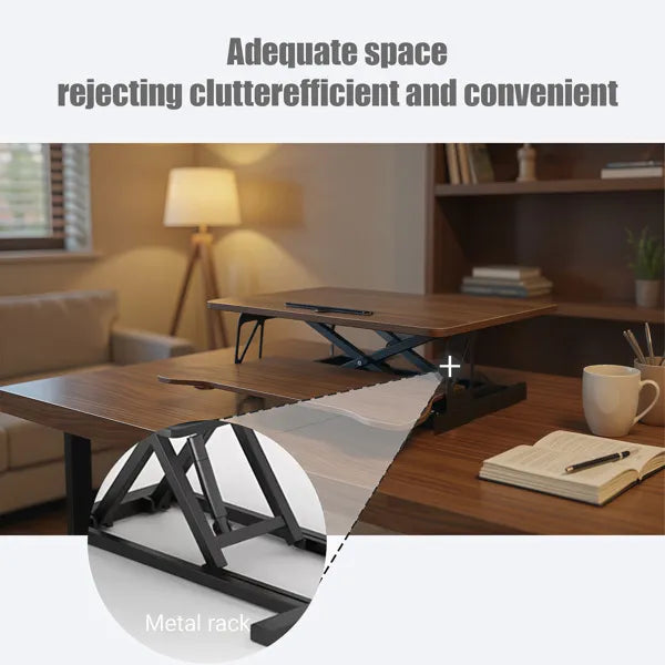 32 Inch Desk Converter, Height Adjustable Sit To Stand Riser, Dual Monitor And Laptop Workstation With Wide Keyboard Tray, Walnut Color