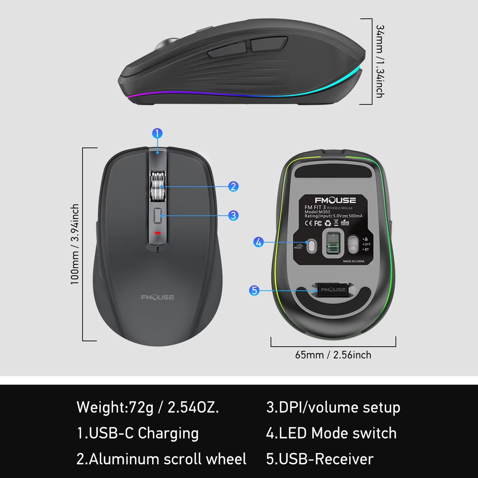 Dual-Mode Wireless Mouse USB2.4G+BT5.1 Type-C Rechargeable Gaming Mouse Ergonomic Design 2400 DPI with RGB Light Mice