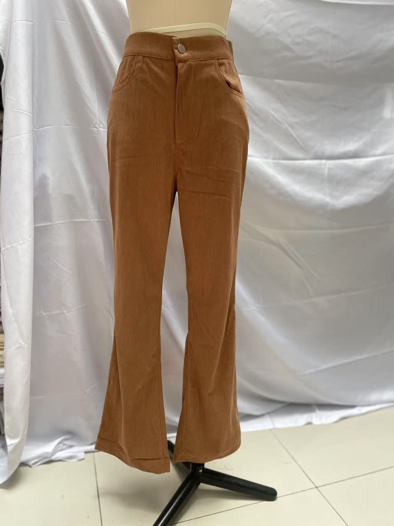 Women Corduroy Flared Pants Mid-Waist Slim Fit Bell-Bottom Trousers
