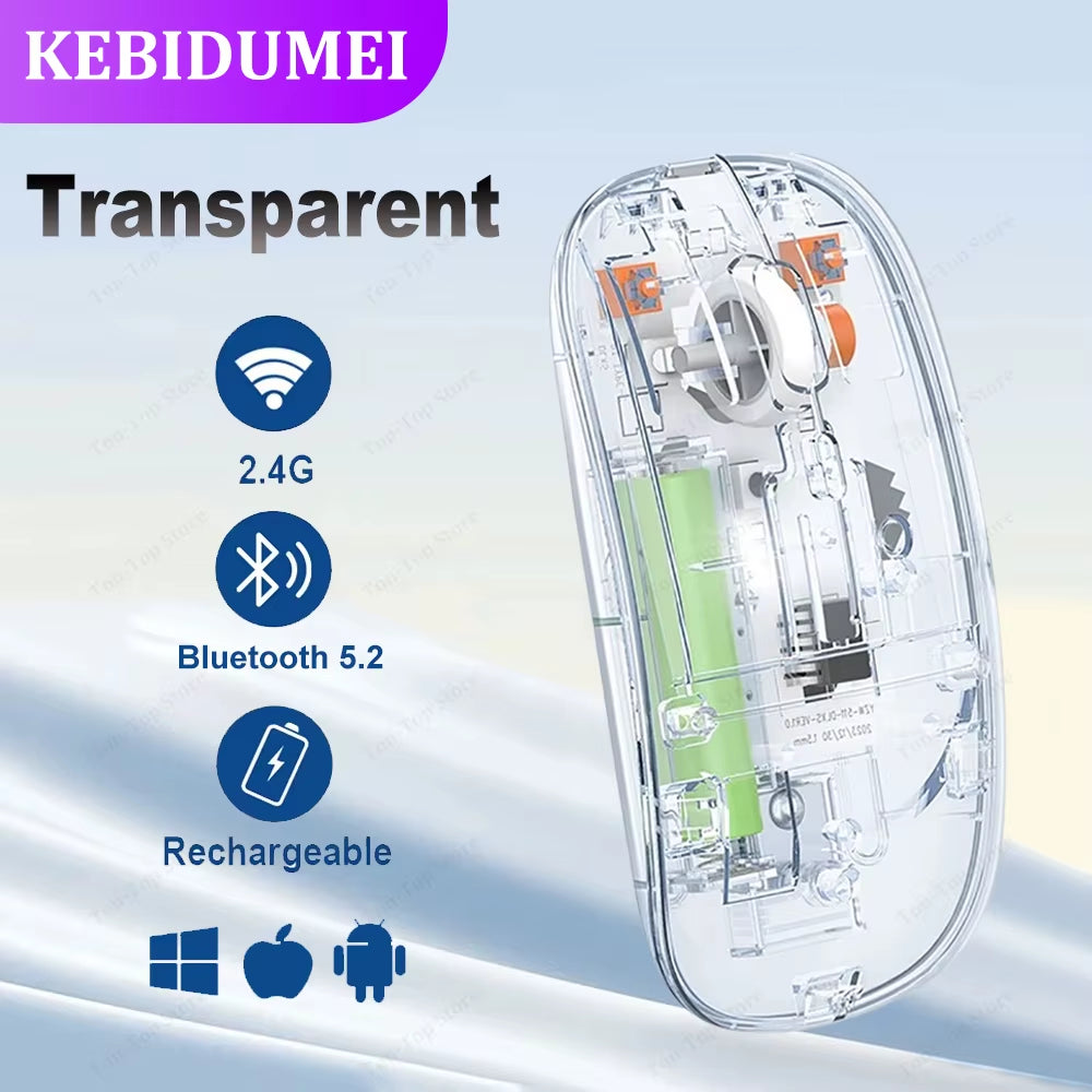 Dual Mode Bluetooth 5.2 Mouse 2.4G Wireless Mouse 500Mah Rechargeable Transparent Mouse 1600DPI Office Silent Mouse for Laptop