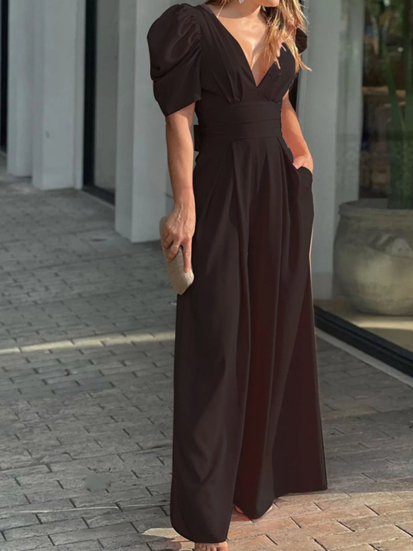 Full Size Cutout V-Neck Puff Sleeve Jumpsuit Plus Size