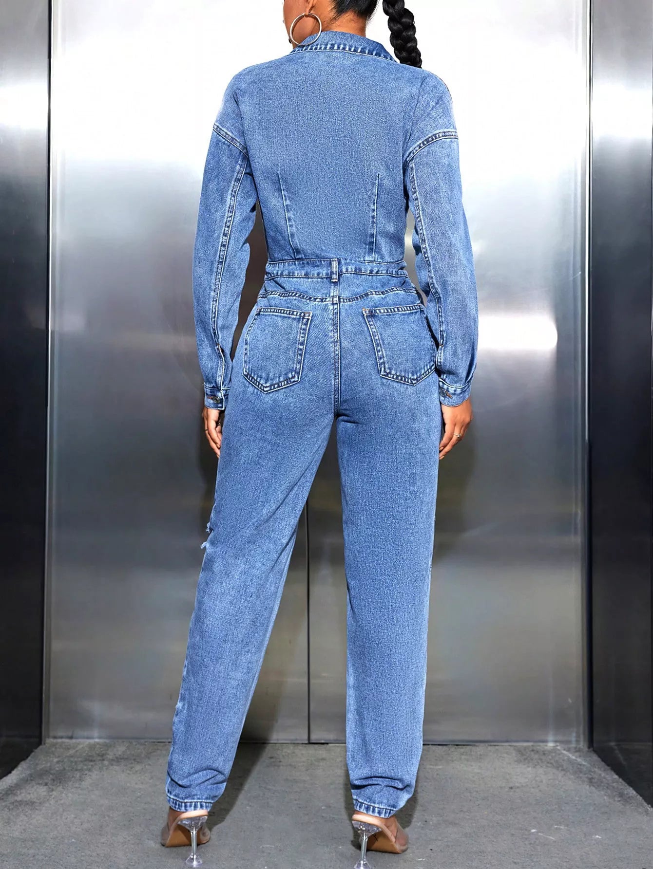 Distressed Long Sleeve Denim Jumpsuit