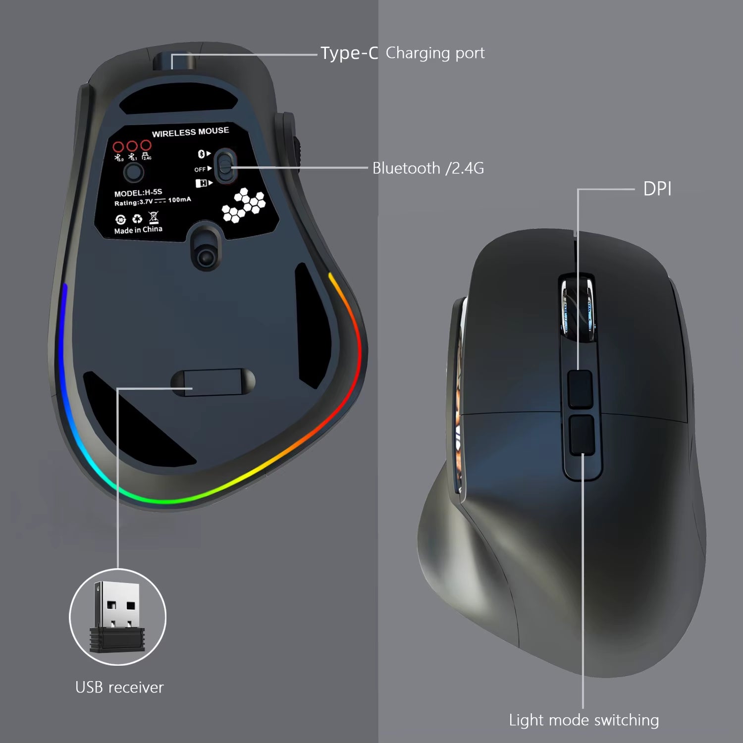 Ergonomic Dual Mode Gaming Mouse Type-C Charging Computer Accessory (For PC, Mobile Phone)