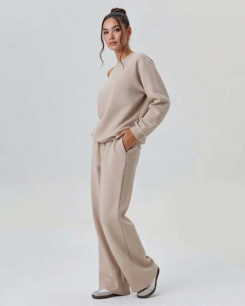 Women's Sloping Shoulder Long Sleeve Top & Wide Leg Pants Set