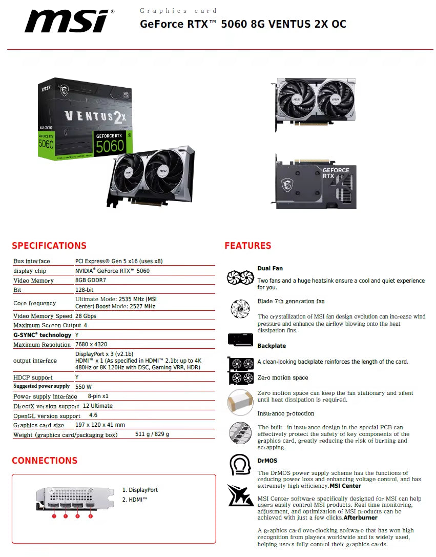 Geforce RTX5060 VENTUS 2X 8G OC Gaming Graphics Card 8GB GDDR7 128-Bit 8Pin DP PCI-E 5.0X16 Desktop Full New