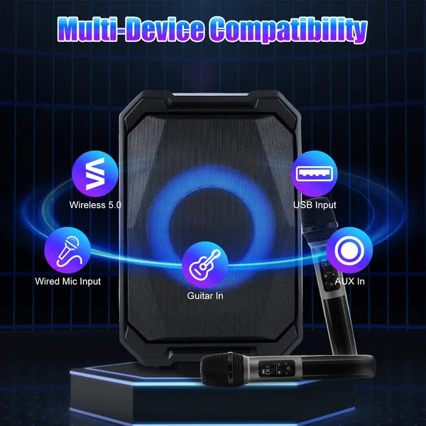 Portable Wireless Party Speaker With LED Light & 2 Wireless Mics - Remote Control