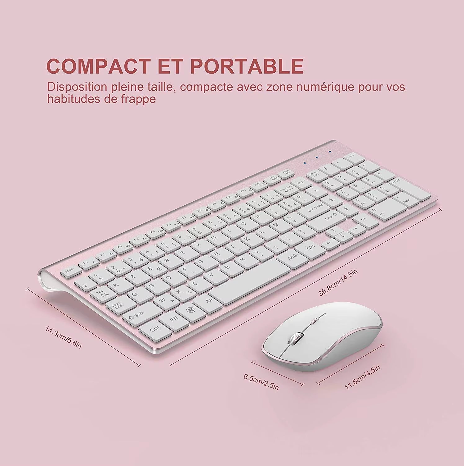 French Keyboard Wireless 2400DPI Mouse 2.4Ghz Ultra-Slim AZERTY Keyboard Mouse Set, Portable Silent Ergonomic- Pink/Silver