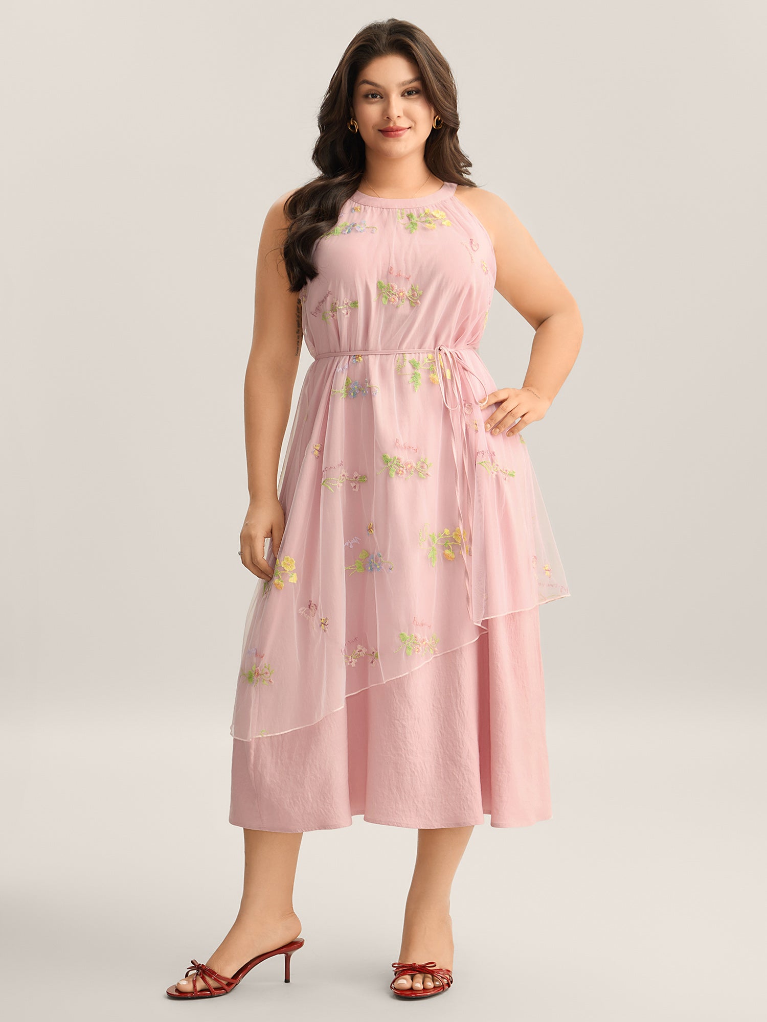 Embroidered Mesh Halter Neck Midi Dress