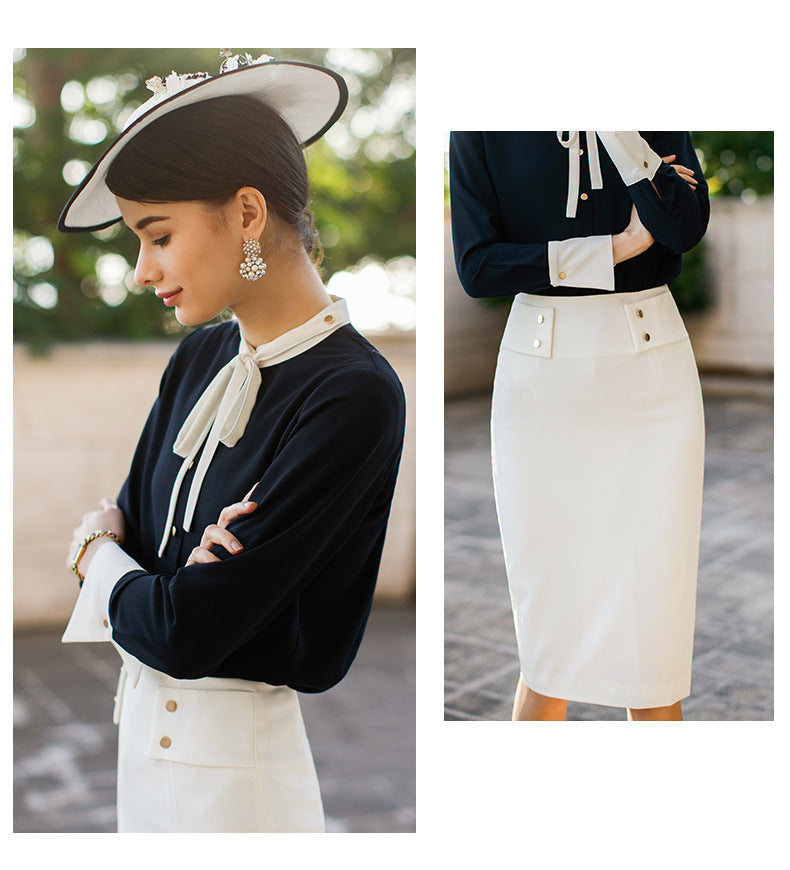 AD2024 fashion lace-up bow long sleeve women's OL shirt commuter white collar shirt business wear work clothes spring and summer