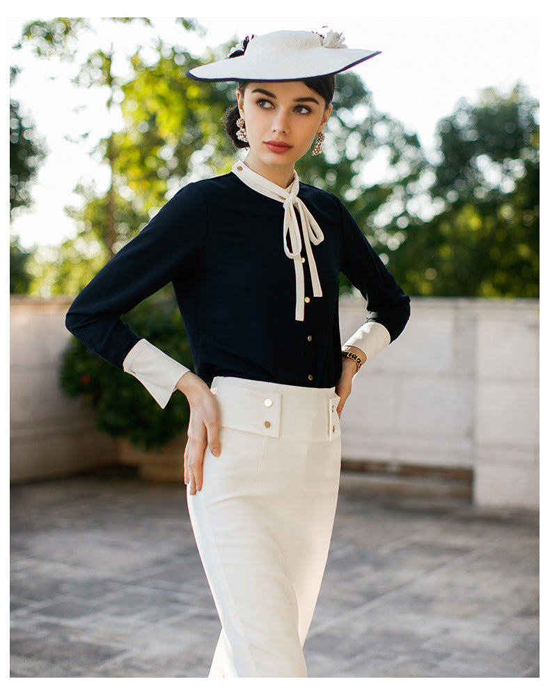 AD2024 fashion lace-up bow long sleeve women's OL shirt commuter white collar shirt business wear work clothes spring and summer