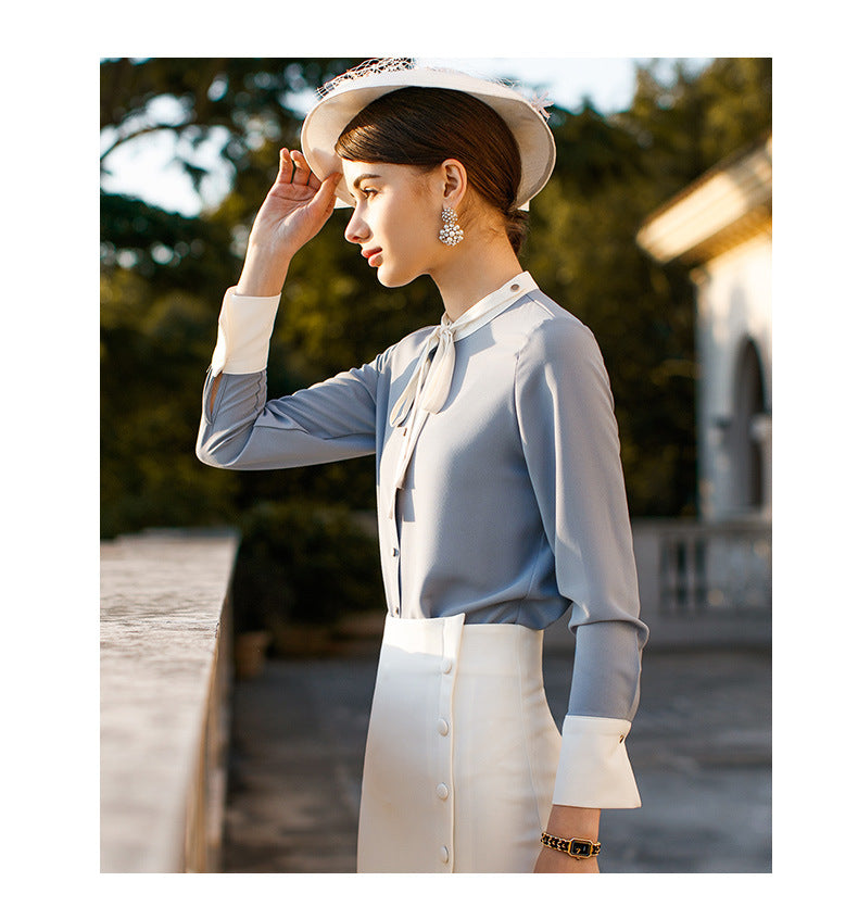 AD2024 fashion lace-up bow long sleeve women's OL shirt commuter white collar shirt business wear work clothes spring and summer