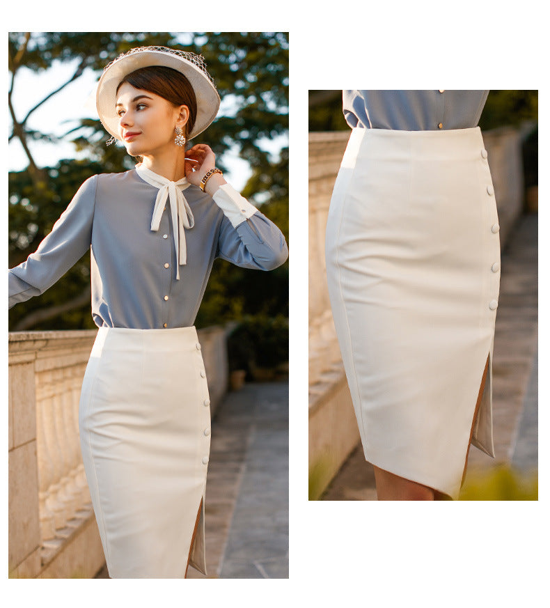 AD2024 fashion lace-up bow long sleeve women's OL shirt commuter white collar shirt business wear work clothes spring and summer