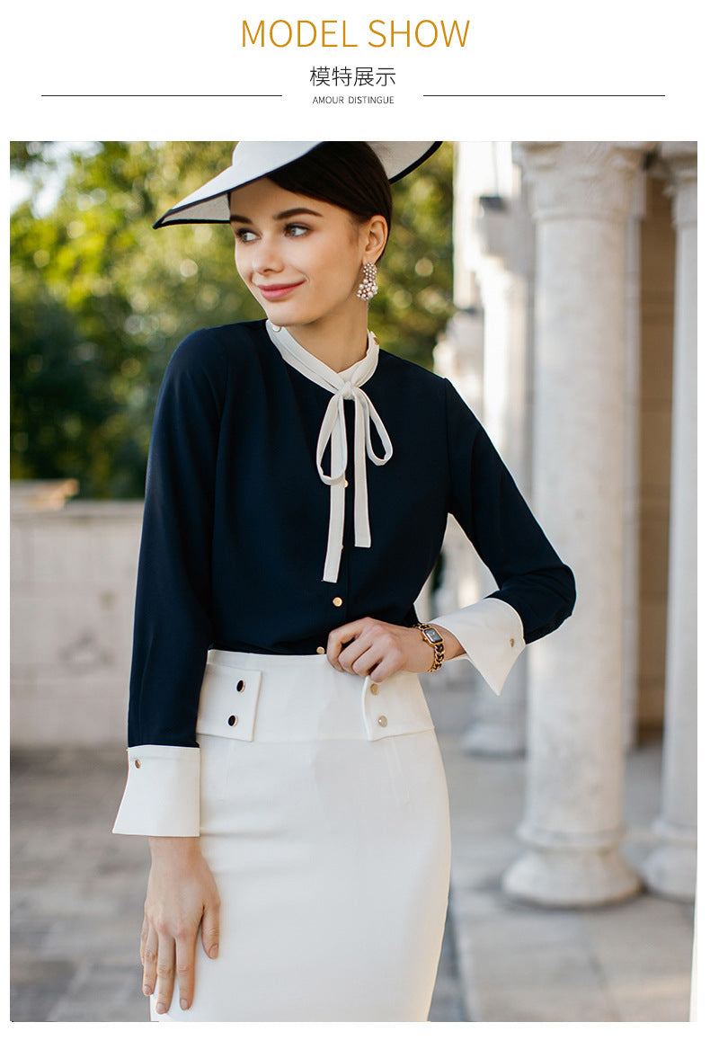 AD2024 fashion lace-up bow long sleeve women's OL shirt commuter white collar shirt business wear work clothes spring and summer
