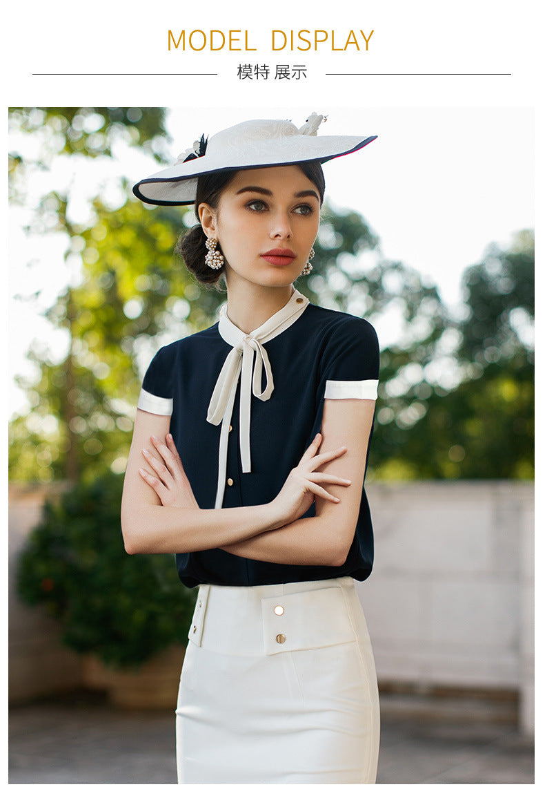 AD2024 fashion lace-up bow long sleeve women's OL shirt commuter white collar shirt business wear work clothes spring and summer