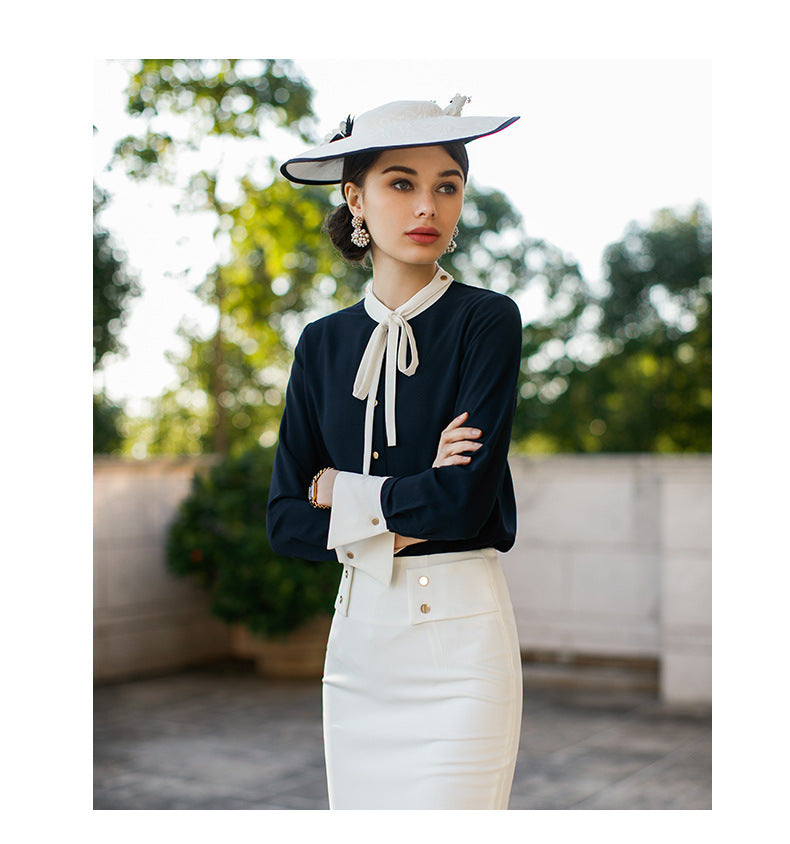 AD2024 fashion lace-up bow long sleeve women's OL shirt commuter white collar shirt business wear work clothes spring and summer