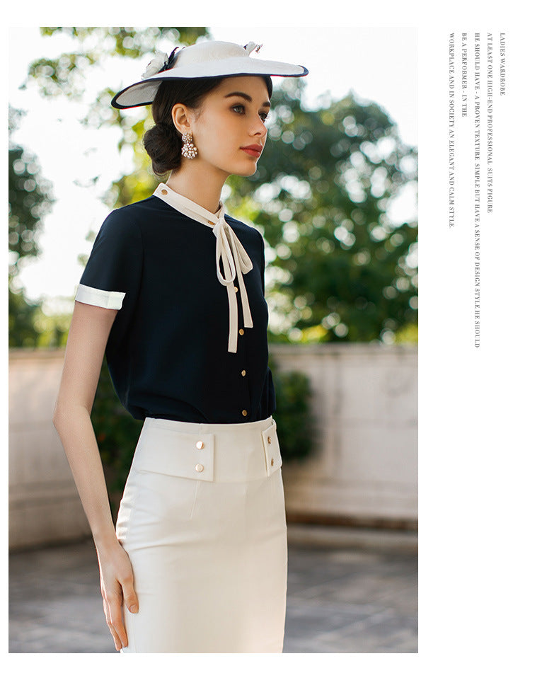 AD2024 fashion lace-up bow long sleeve women's OL shirt commuter white collar shirt business wear work clothes spring and summer