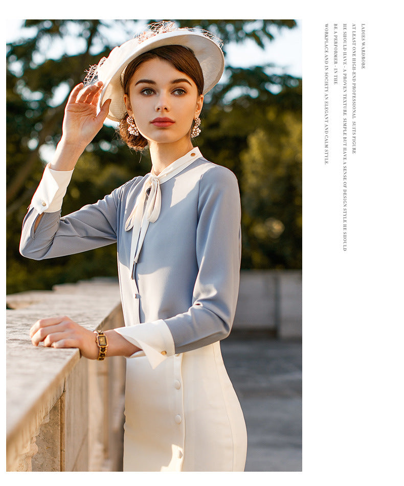 AD2024 fashion lace-up bow long sleeve women's OL shirt commuter white collar shirt business wear work clothes spring and summer