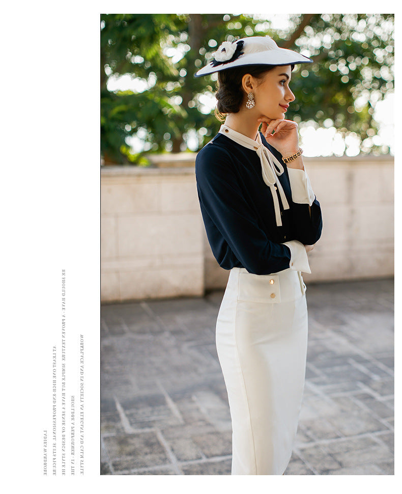 AD2024 fashion lace-up bow long sleeve women's OL shirt commuter white collar shirt business wear work clothes spring and summer