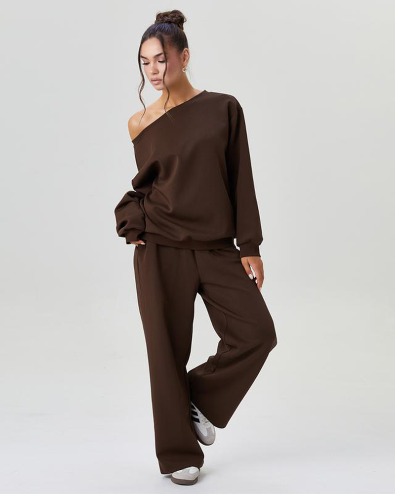 Women's Sloping Shoulder Long Sleeve Top & Wide Leg Pants Set