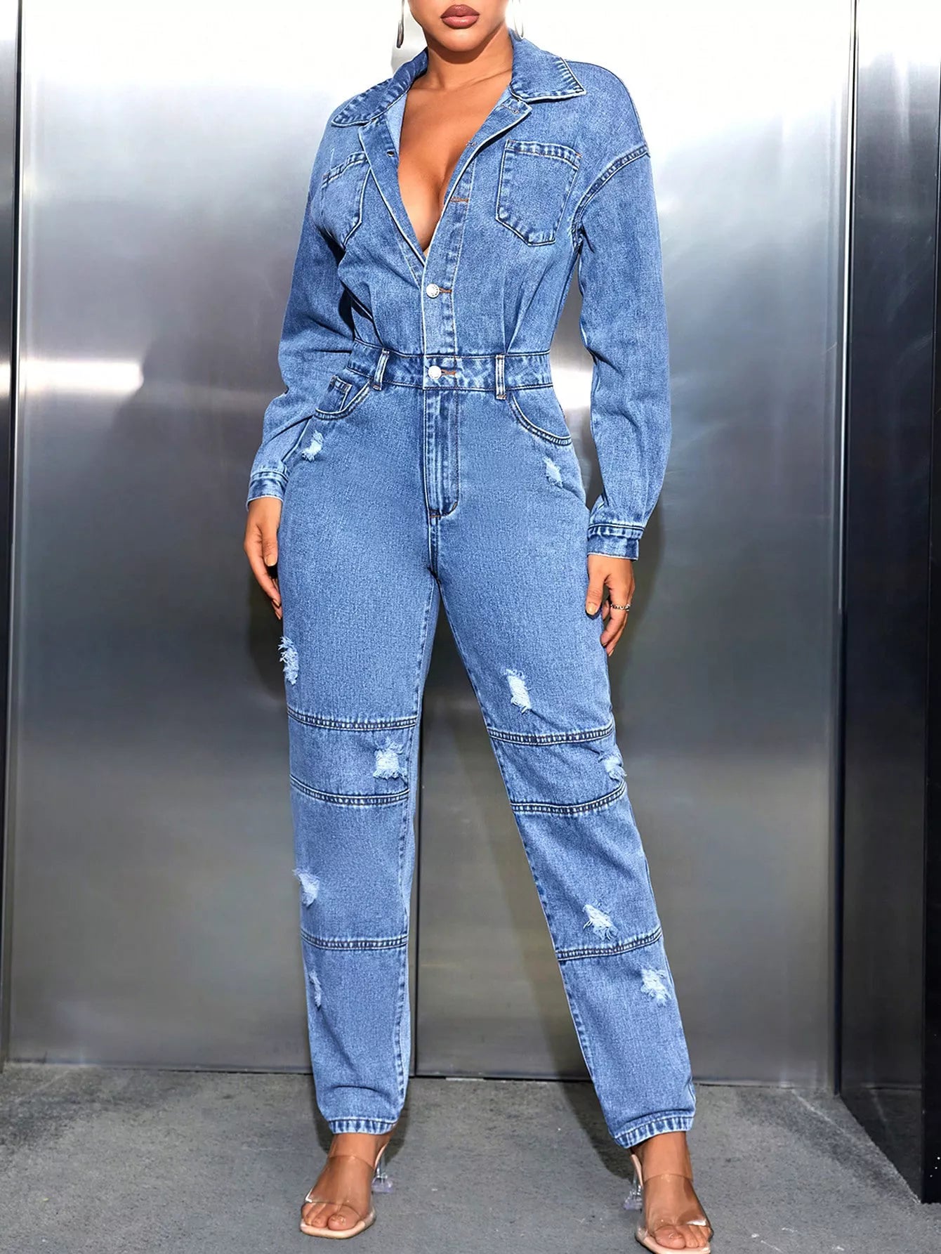 Distressed Long Sleeve Denim Jumpsuit