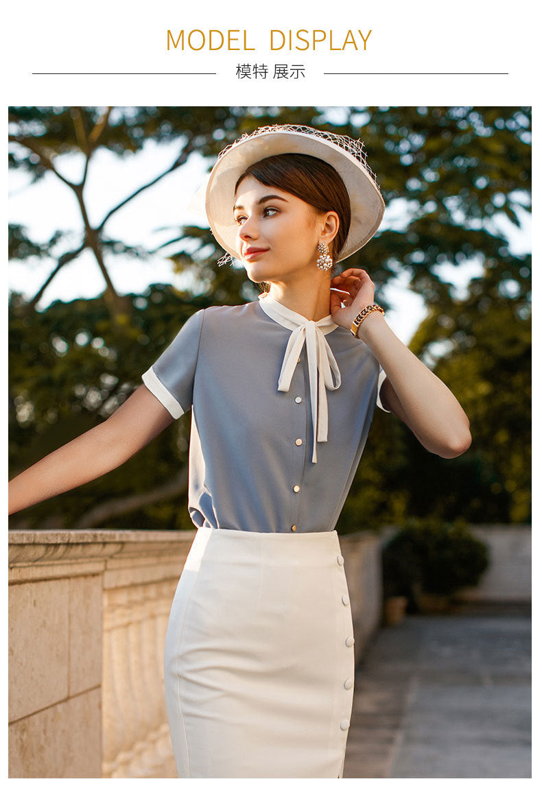 AD2024 fashion lace-up bow long sleeve women's OL shirt commuter white collar shirt business wear work clothes spring and summer