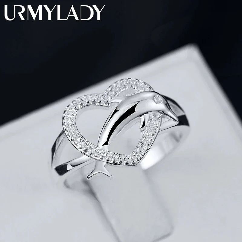 925 Sterling Silver Dolphin Heart Women Ring