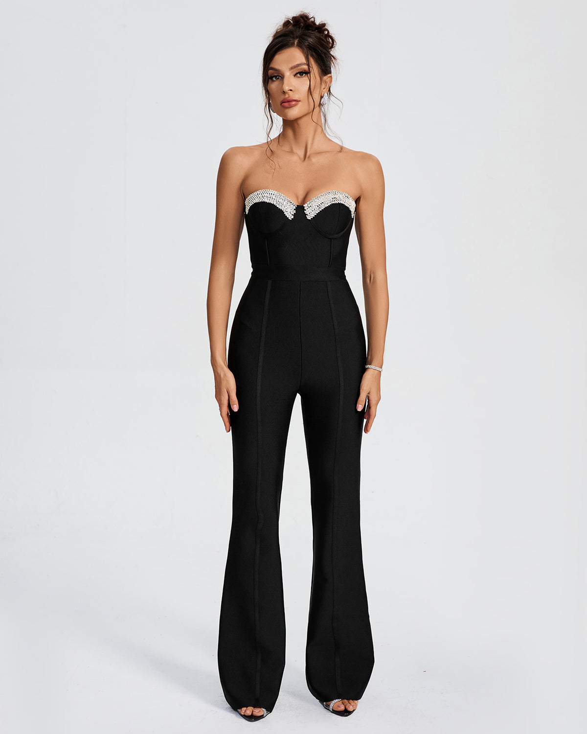 LLstyle Black Strapless Crystal Bust Jumpsuit