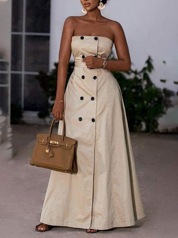 A-Line Loose Belted Buttoned Tube Maxi Dresses