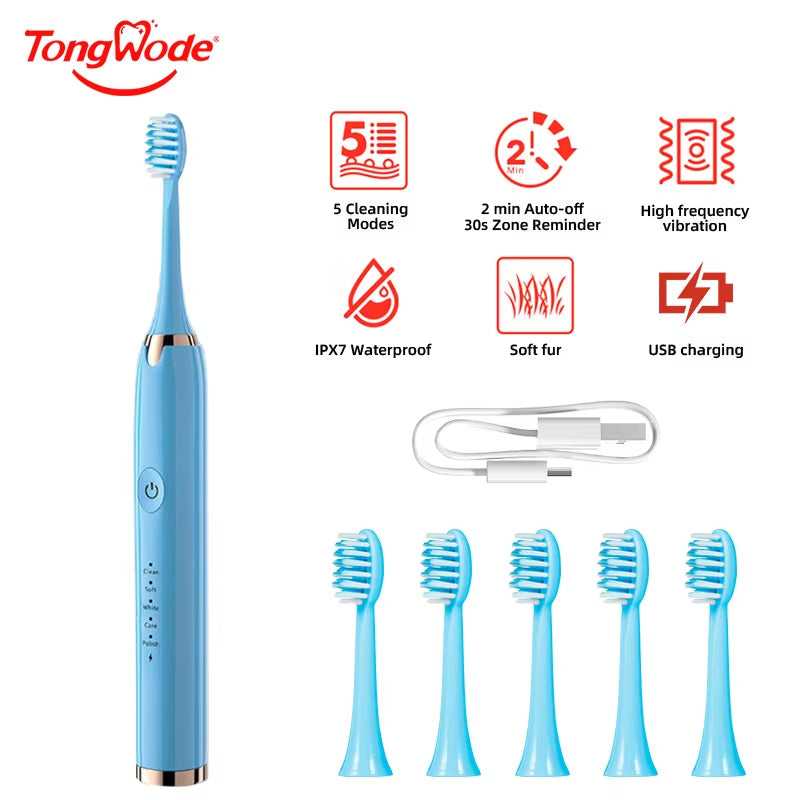 Sonic Whitening Toothbrush | USB Rechargeable, Waterproof Electronic with 4x Brush Heads