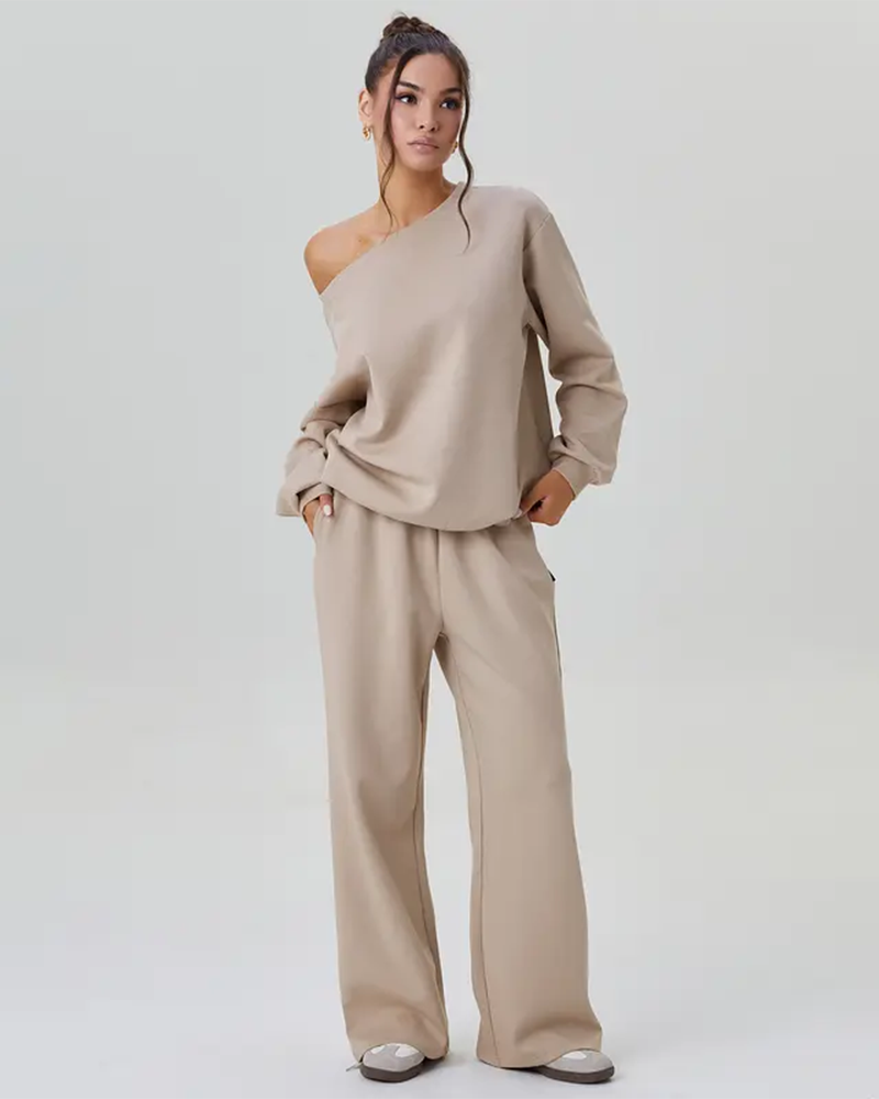 Women's Sloping Shoulder Long Sleeve Top & Wide Leg Pants Set
