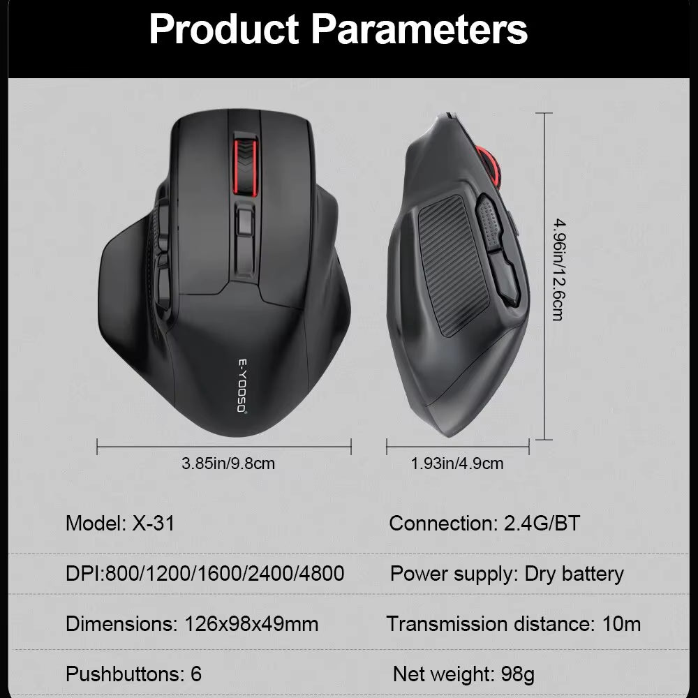 X-31 Pro USB Gaming Large Mouse Support Bluetooth 2.4G Wireless PAW3212 4800 DPI for Gamer Mice Computer Laptop PC