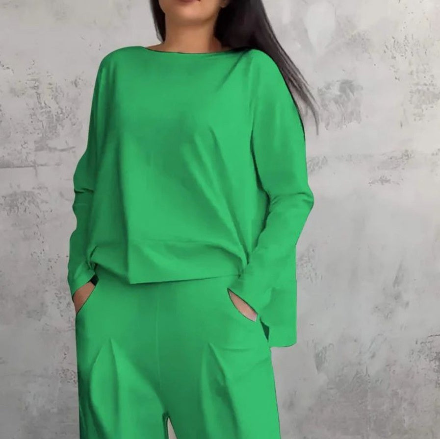 Women's Solid Color Casual Tappered Round Neck Long Sleeve Two Pieces