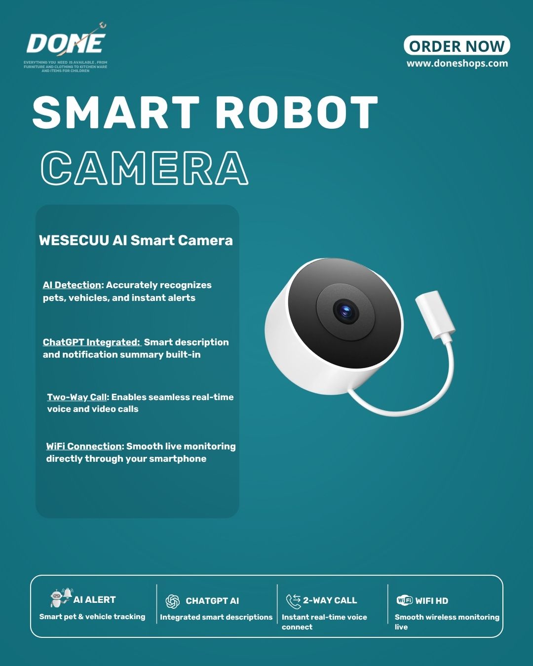WESECUU AI Connected W'911 Call Advanced AI Description Notification Integrated Chatgpt Wifi Pet Vehicle Alert Window Camera