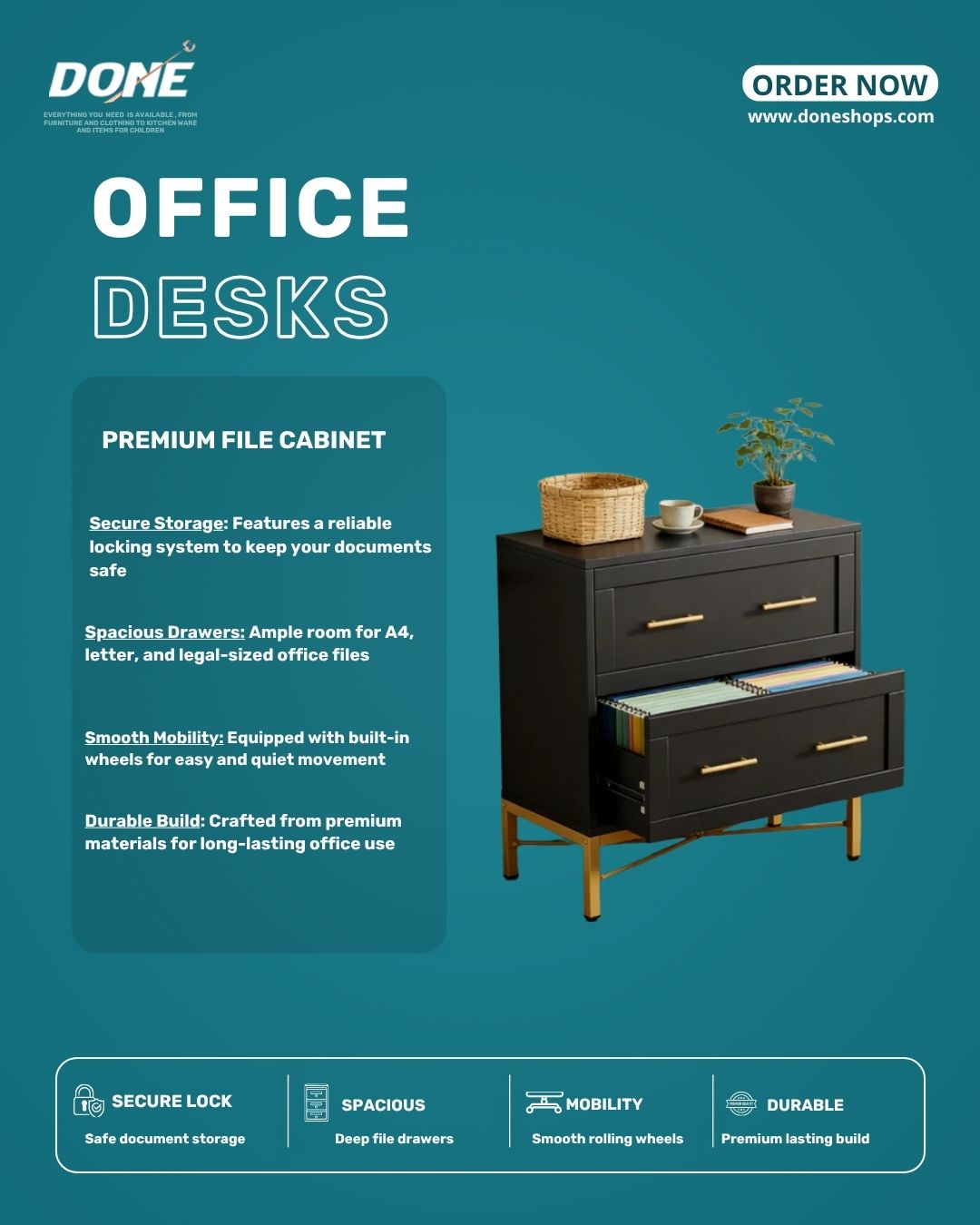 2-Drawer Lateral File Cabinet with Gold Legs