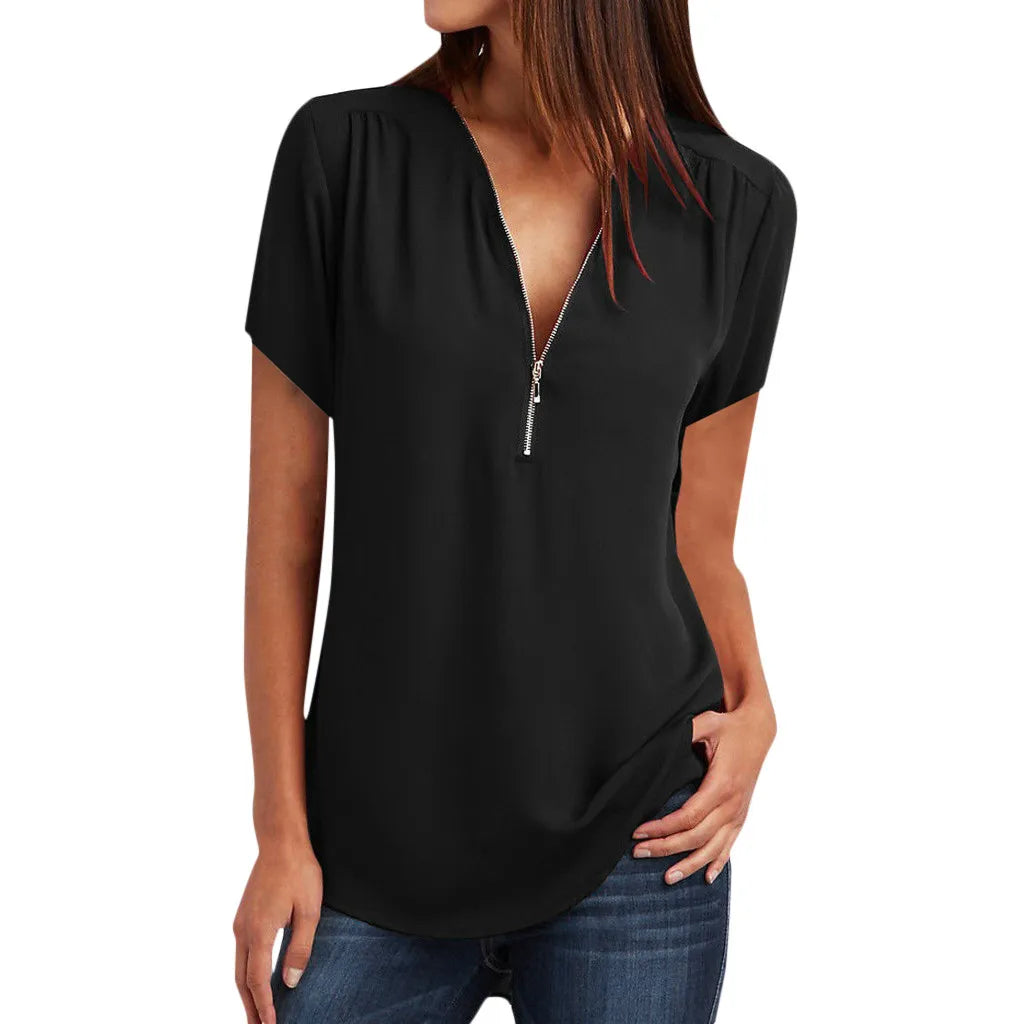 Plus Size Loose 3/4 Sleeve Zipper Blouse