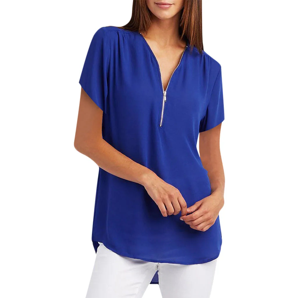 Plus Size Loose 3/4 Sleeve Zipper Blouse
