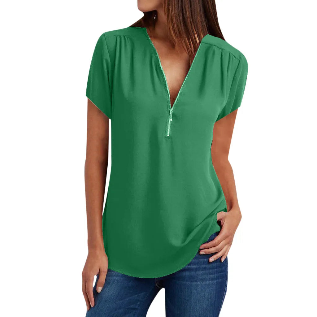 Plus Size Loose 3/4 Sleeve Zipper Blouse
