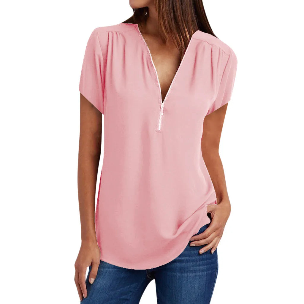 Plus Size Loose 3/4 Sleeve Zipper Blouse