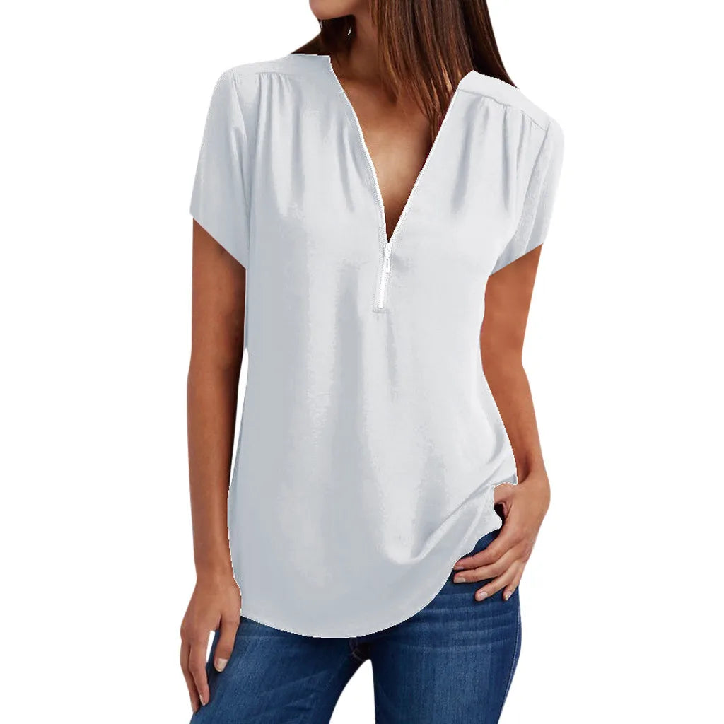 Plus Size Loose 3/4 Sleeve Zipper Blouse