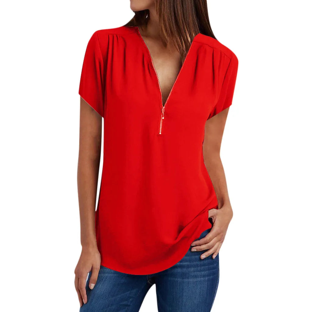 Plus Size Loose 3/4 Sleeve Zipper Blouse