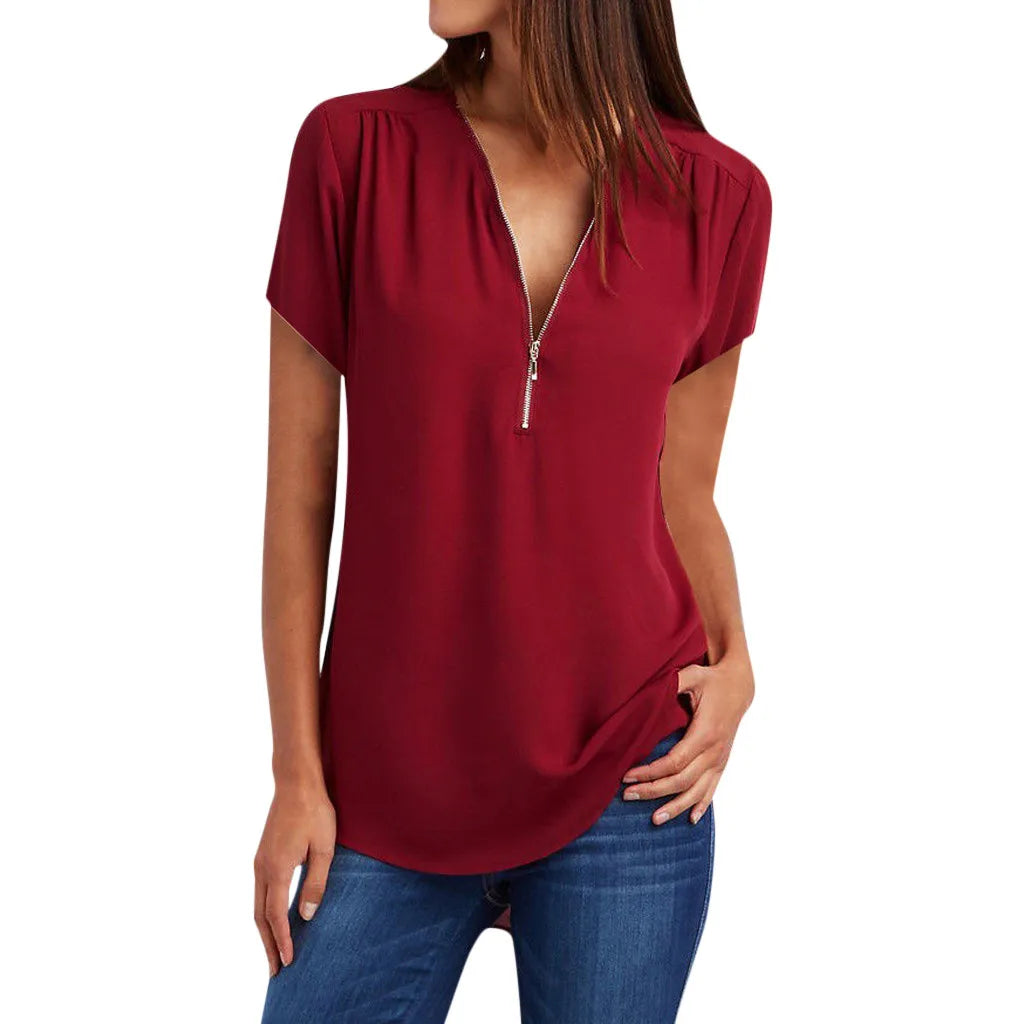 Plus Size Loose 3/4 Sleeve Zipper Blouse