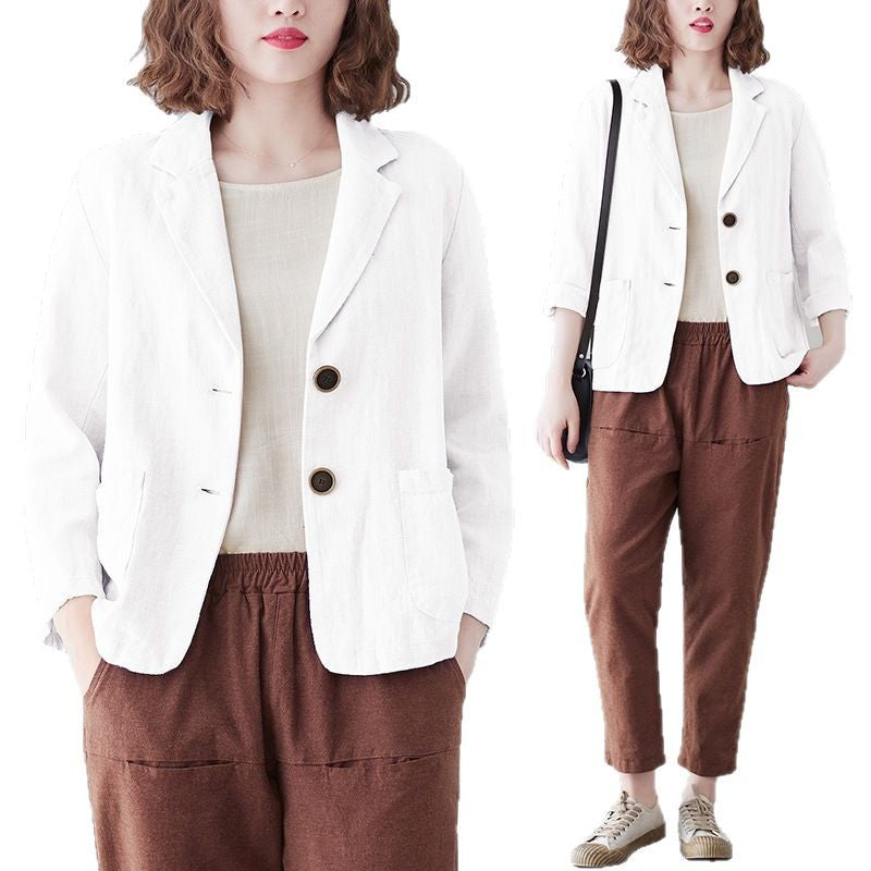 2025 Real Shot of New Cotton and Linen Retro Literary Loose Versatile Casual Long-Sleeved Button-Down Small Suit Short Jacket for Women