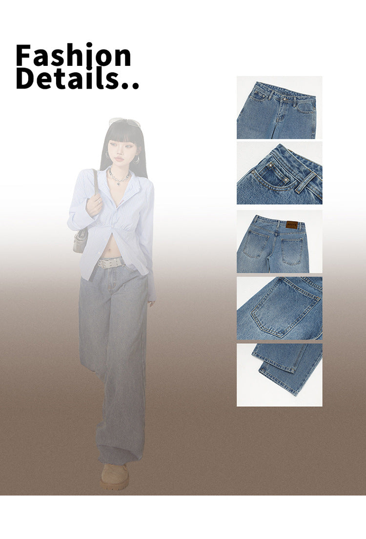 Retro Washed Wide-Leg Jeans for Women, Autumn New Low-Waist Straight Loose Design, Slimming Floor-Length Pants
