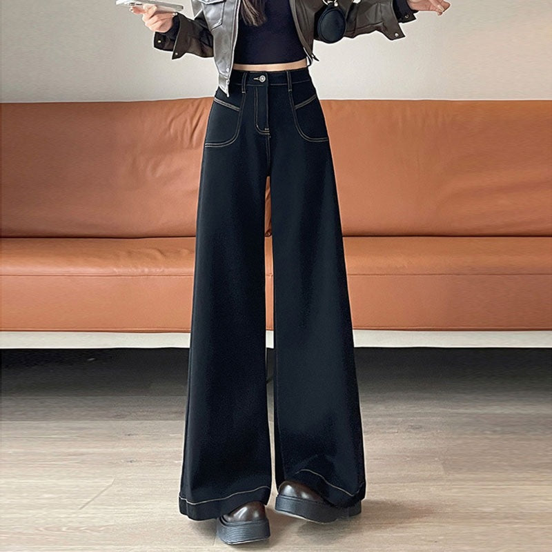 2025 New High-Waisted Black Wide-Leg Jeans for Women, Fashionable and Versatile Spring & Fall Loose Large-Flared Straight Pants
